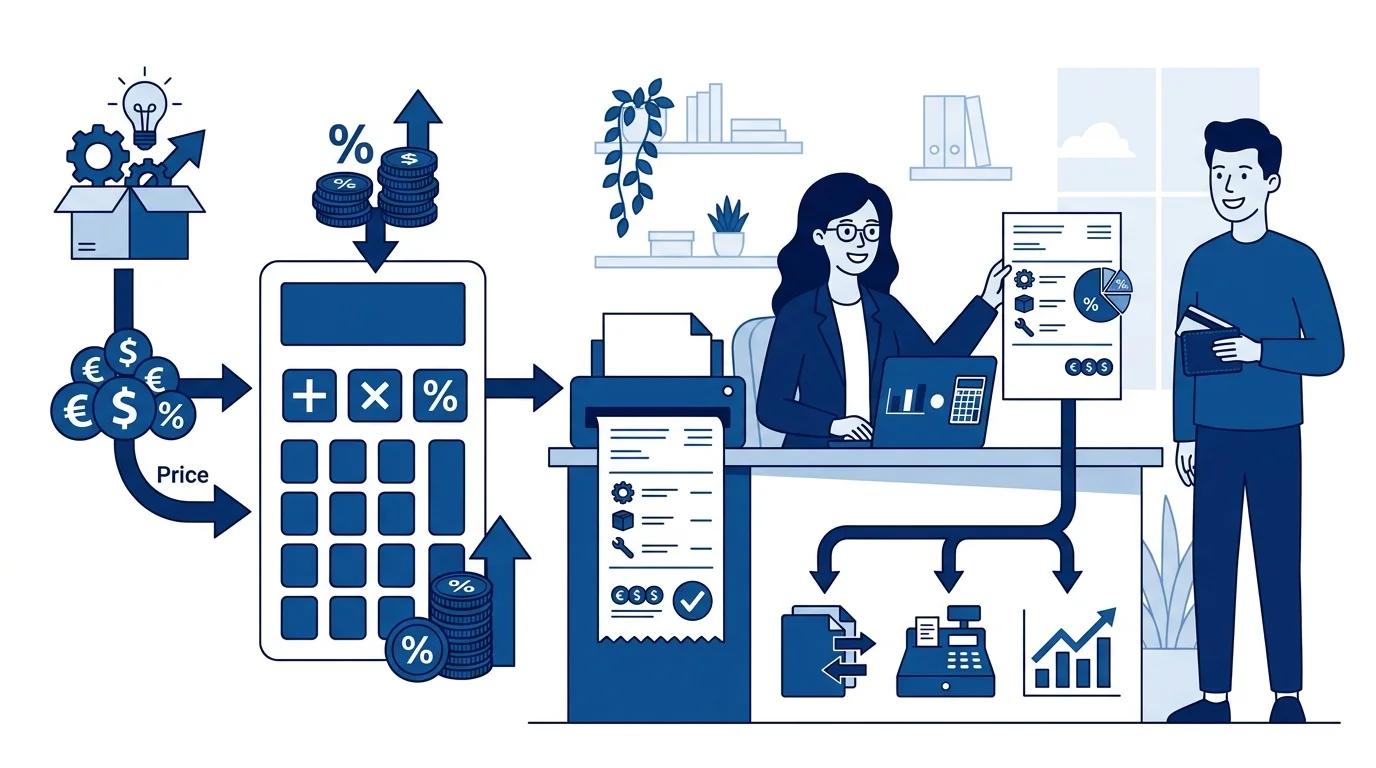 Calcul de la TVA collectée et déductible pour un auto-entrepreneur, illustration calculatrice et factures