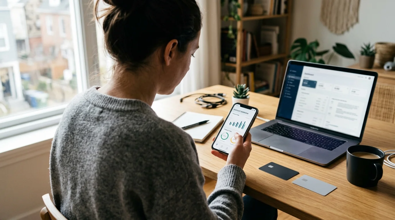 Compte bancaire dédié auto-entrepreneur - indépendante consultant son application bancaire à côté de deux cartes distinctes, perso et pro